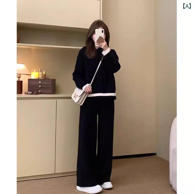 秋冬 レディース ゆったり フード付き ニットセーター ロングパンツ カジュアル セットアップ 高級感 伸縮性 吸湿速乾 普段使い シルエット