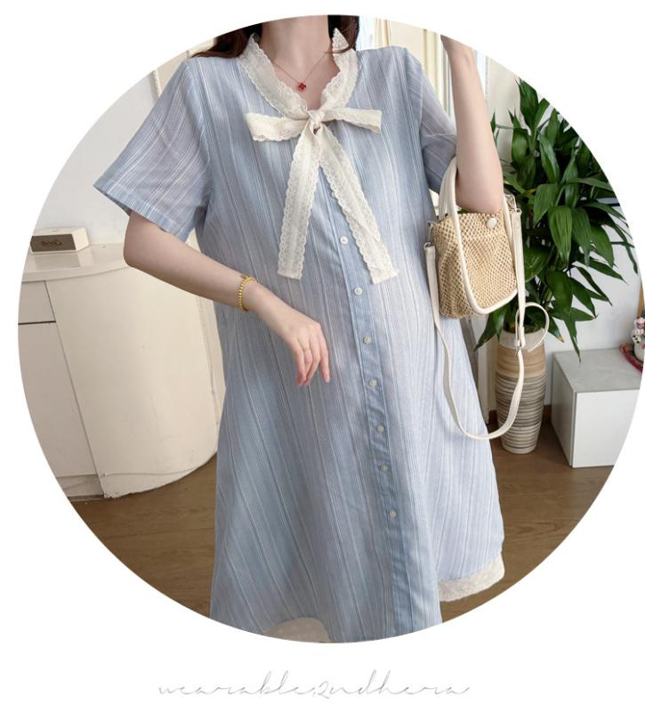 妊婦用 夏用 ワンピース レース 切り替え 蝶々結び シングルボタン フェイクツーピース ゆったり 伸縮性 軽量 通勤 普段使い