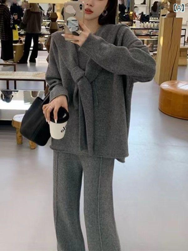 秋冬 レディース ニットセーター 無地 柔らか素材 ショール ワイドパンツ カジュアルセット ゆったりシルエット 日常使い 暖か トップス ボトムス コーディネート