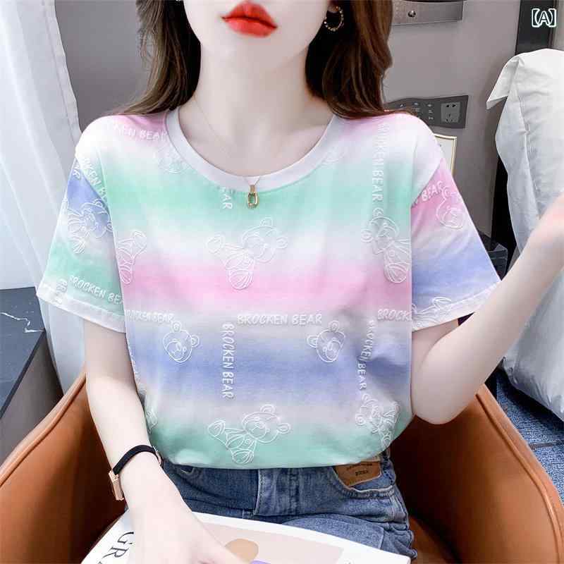 カットソー レディース おすすめ カットソー レディース おすすめ ヘビー インダストリー レインボー ストライプ タイ ダイ Tシャツ レディース 半袖 2025夏 韓国 ゆったり プリント ラウンドネック トップス