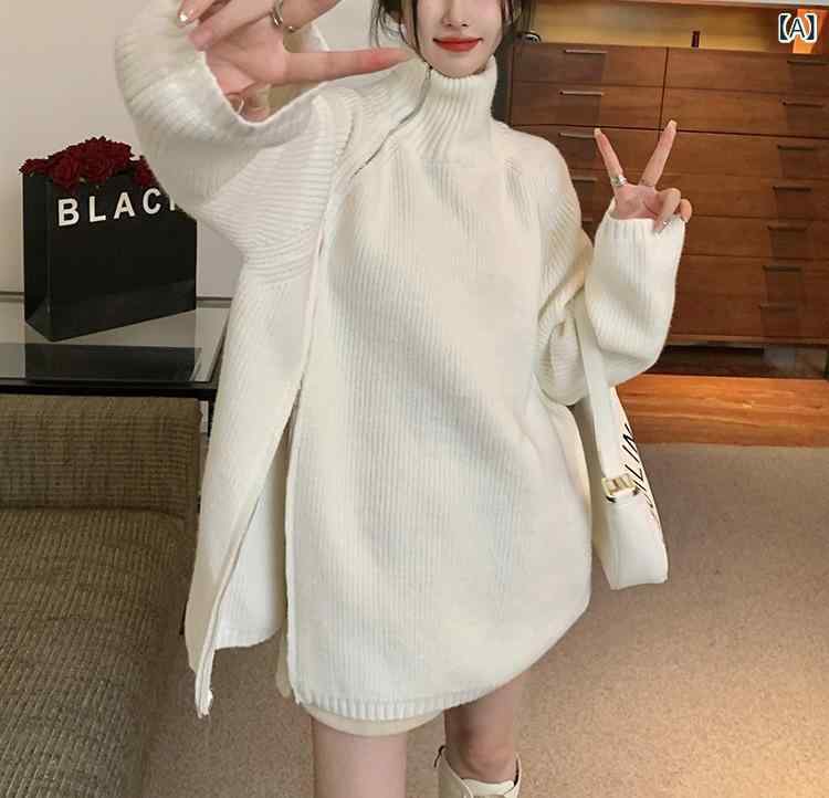 秋冬 レディース ハイネック サイドジッパー ゆったり ニットセーター リラックスフィット 普段使い ベーシック トップス 暖かみ 伸縮性