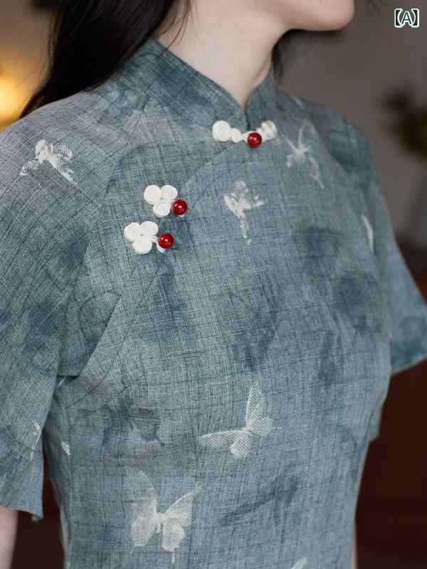 チャイナドレス レディース グレー系 夏用 水墨画 蝶柄 レトロ 民国風 ワンピース ドレス 上品 軽量 吸湿速乾 切り替え ハイネック 膝丈 女性用 普段使い 通勤 かわいい シルク調 再生繊維