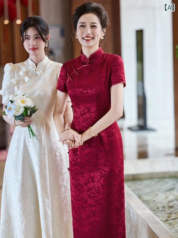 チャイナドレス レディース 結婚式用 祝賀会服 介添え役 高級感 赤 夏 小柄対応 ママ向け エレガント スリット 軽量 礼服｜サポートシェアグローバル