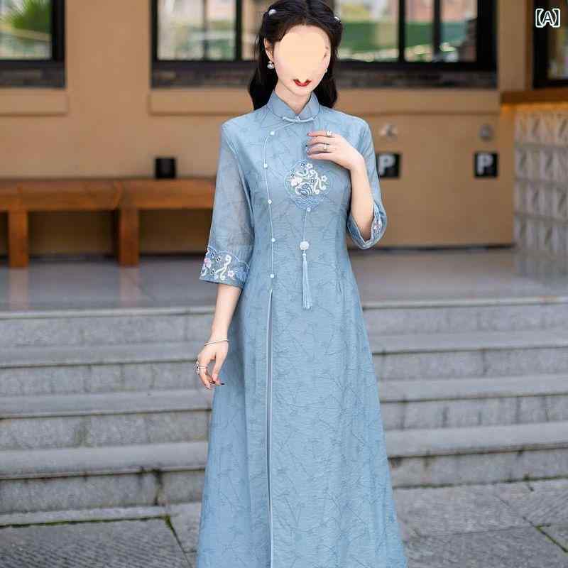 レディース 瀬戸ものお召しもの 刺しゅう ロング丈 か細い嵌まる 返り咲き 中華 衣裳 フォーマル 彼者誰時 お召しもの
