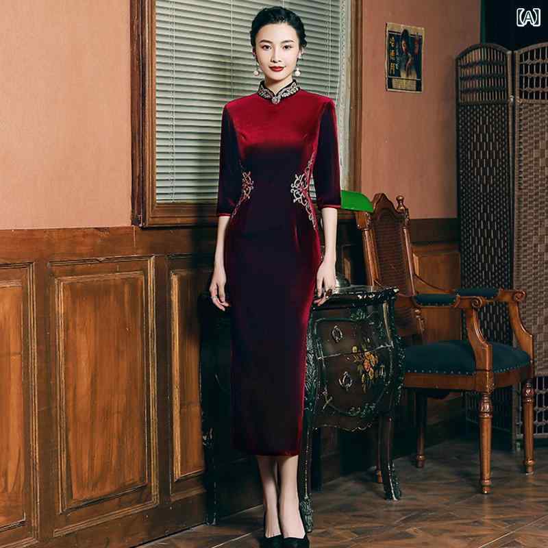 チャイナドレス レディース ワインレッド ベルベット 中国風 型 ママ向け 若々しい女性用 レトロ スリムフィット 中長袖 春秋 高級感 柔らかい素材 日常使い ボディライン 強調 暖かみ 着心地 良い