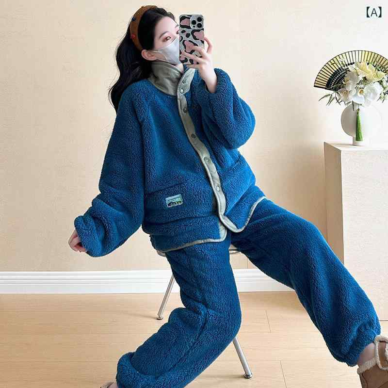 妊婦服 秋冬 厚手 起毛 高級感 ルームウェア セット 外出着 ブルー 暖か 伸縮性 綿混 ゆったり シルエット
