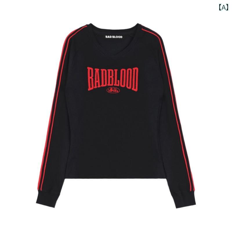 トップス 長袖 Vネック Tシャツ レトロ ストリート アルファベット 刺繍 カジュアル 普段使い コットン 混 綿素材 ビンテージ スタイル グラフィック