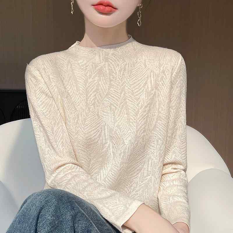 レディース インナー トップス 薄手 ウール オーガンジー ハーフハイネック 長袖 春夏 ジャカード 織り柄 軽量 伸縮性 吸湿速乾 再生繊維 ブラック ピンク系 アイボリー 通勤用 普段使い 部屋着