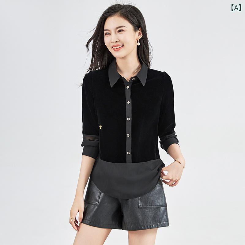 秋冬 レディース ブラウス シルク ベルベット シフォン 切り替え 高級感 シンプル 着回し トップス 女性用 軽量 伸縮性 通勤 普段使い デイリー オフィス スタイル 8,621円