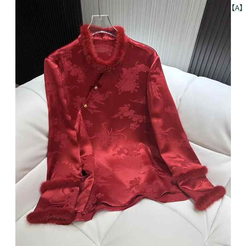 インナーシャツ レディース 冬用 中国風 赤 上品 レイヤード トップス 暖か レイヤリング スタイル コットン混 ソフト素材 日常使い 暖房内服