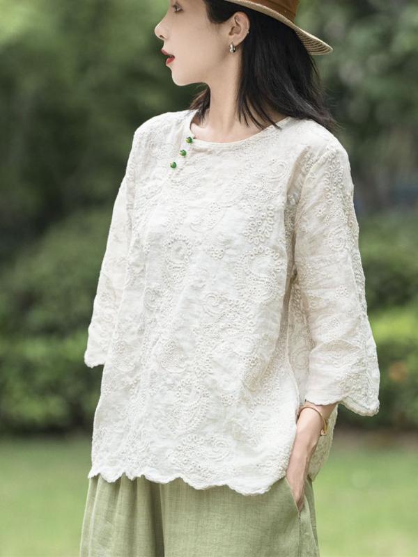 レディース Tシャツ 夏 ラミー 刺繍 ゆったり 無地 五分袖 軽量 薄手 トップス 通気性 涼しい フィット 肘丈 シングルレイヤー