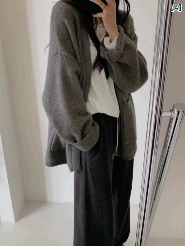 レディース カーディガン グレー 羊毛 カシミヤ ニット 中長丈 ゆったり 秋冬 リラックススタイル アウター 羽織り 暖か 軽量 柔らかい 接触冷感
