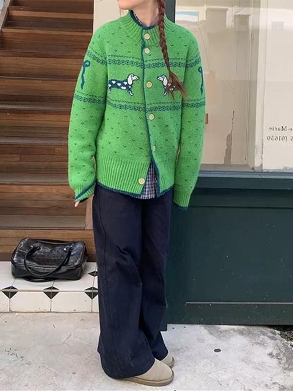 レディース 秋冬 編み物 ジレー 韓国 クリスマス 緑であること ダックスフント 刺しゅう ゆったり 合わせ分かりやすい  トップス 生あたたかい 日常使い走り