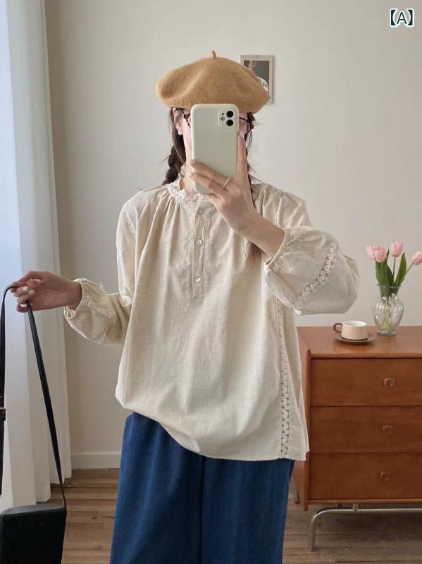 ブラウス レディース 秋 レース 花柄 襟 綿麻 トップス ゆったり 半開襟 シャツ ナチュラル 森ガール 普段使い 軽量 伸縮性