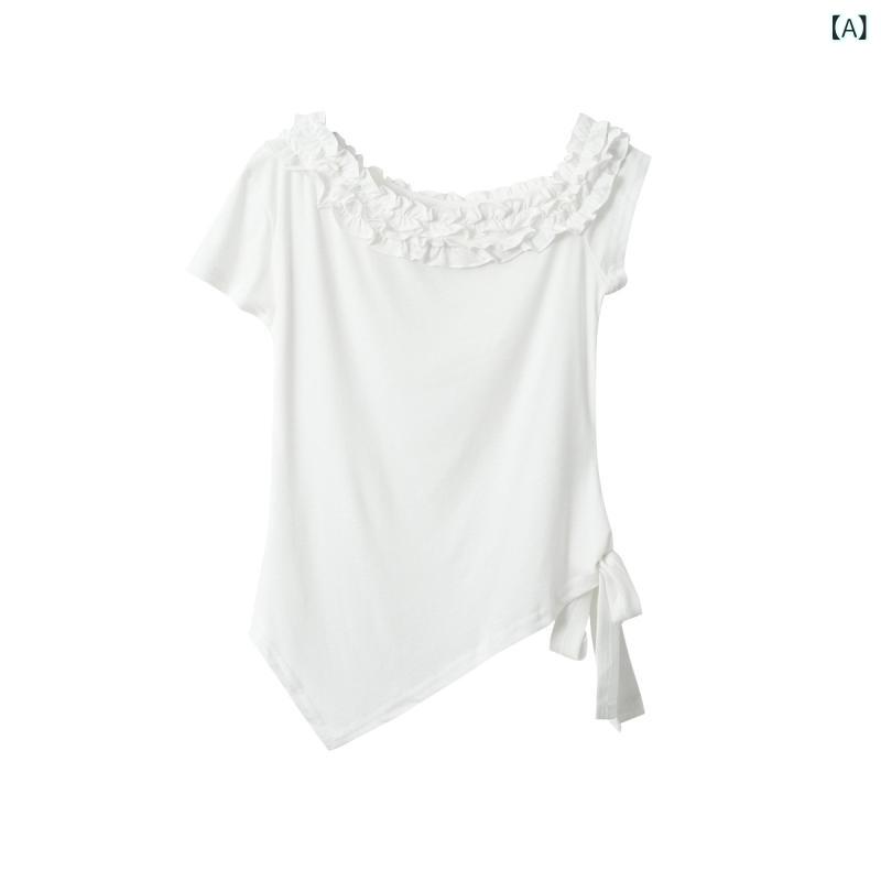 Tシャツ レディース オフショルダー フリル 切り替え ショートスリーブ 夏用 ウエストギャザー スリム トップス ユニーク 軽量 吸湿速乾 普段使い カジュアル