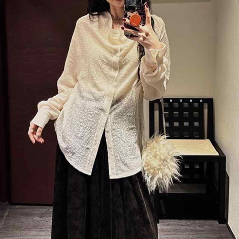 レディース シャツ 秋冬 中国 スタンドカラー インナー トップス 高級感 コットン混 ゆったりシルエット レイヤード 普段使い 軽量 伸縮性