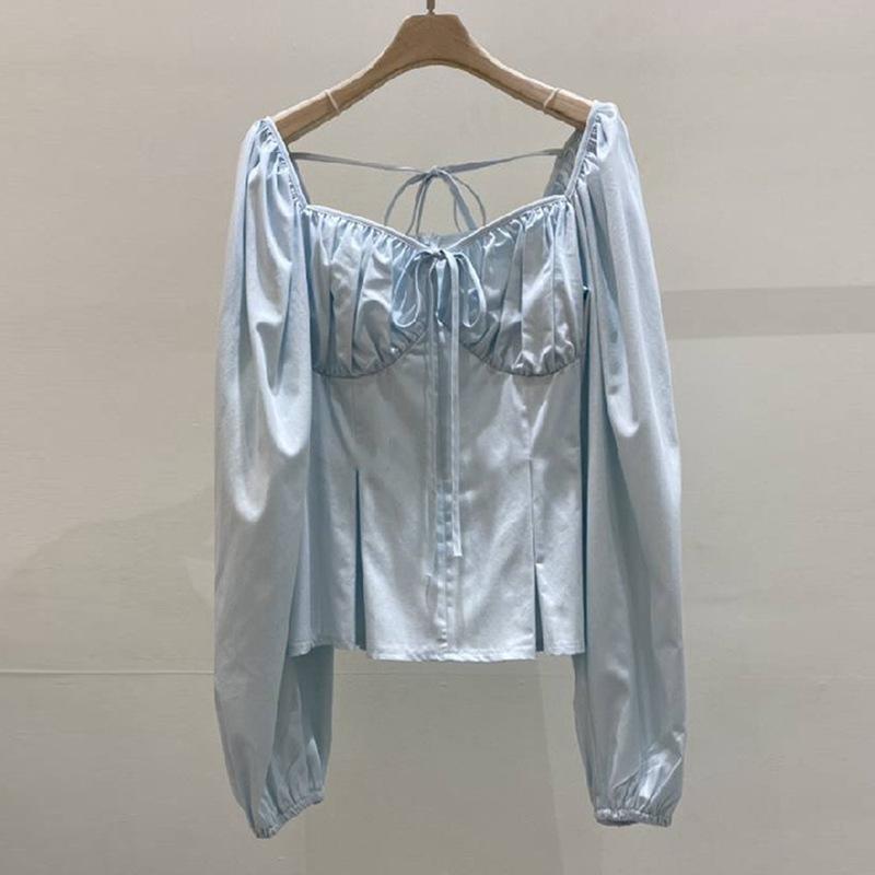 レディース 秋 長袖 ブラウス かわいい セクシー スリム 単色 フェミニン トップス カジュアル スタイル 軽やか 素材