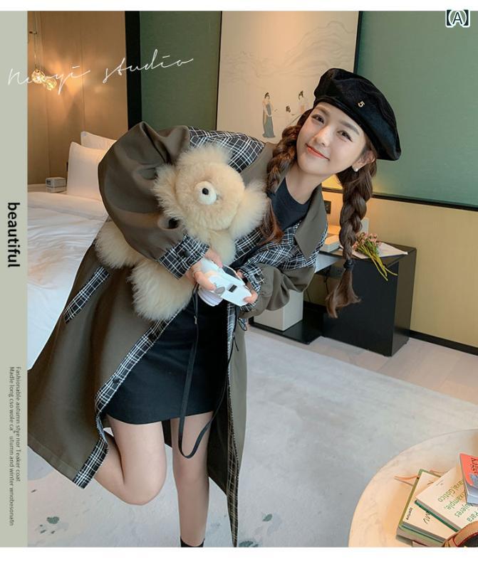 トレンチコート レディース 春 照合のしるし柄 うつり変わり ゆったり影ぼうし 韓国 ブリティッシュスタイル 小っちゃい相応う カジュアルアウター 軽さ 綿織物混