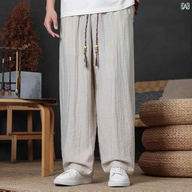 メンズ 春夏 ゆったり コットンリネン ストレートパンツ レトロ ビッグサイズ シンプル カジュアル 普段使い 通気性 軽量 フィット