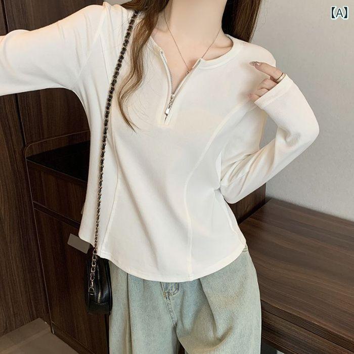 長袖Tシャツ レディース ゆったりシルエット ボーン入り スリム効果 ハーフジッパー カジュアル トップス 着回し 体型カバー 普段使い