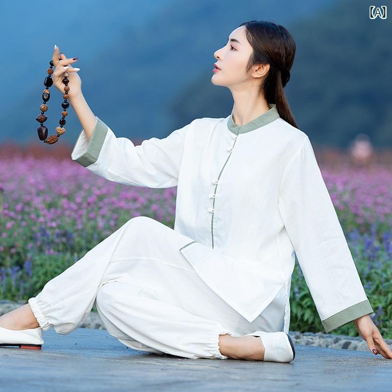 リラックスウェア 中国風 レトロ 盤扣 綿麻 セット 太極拳服 ヨガウェア 禅茶服 中薬局 作業服 快適 軽量 吸湿速乾 伸縮性 ゆったりシルエット
