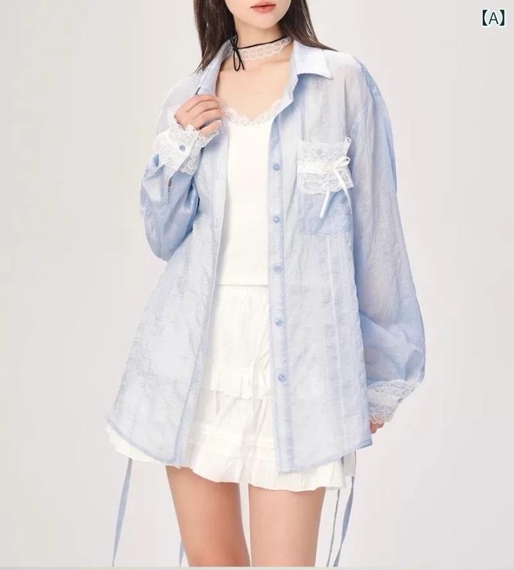 ブラウス レディース 長袖 春夏 レース 切り替え スリット 薄手 ゆったり カジュアル UVカット 軽量 アウター 防紫外線 フィット スタイリッシュ トップス