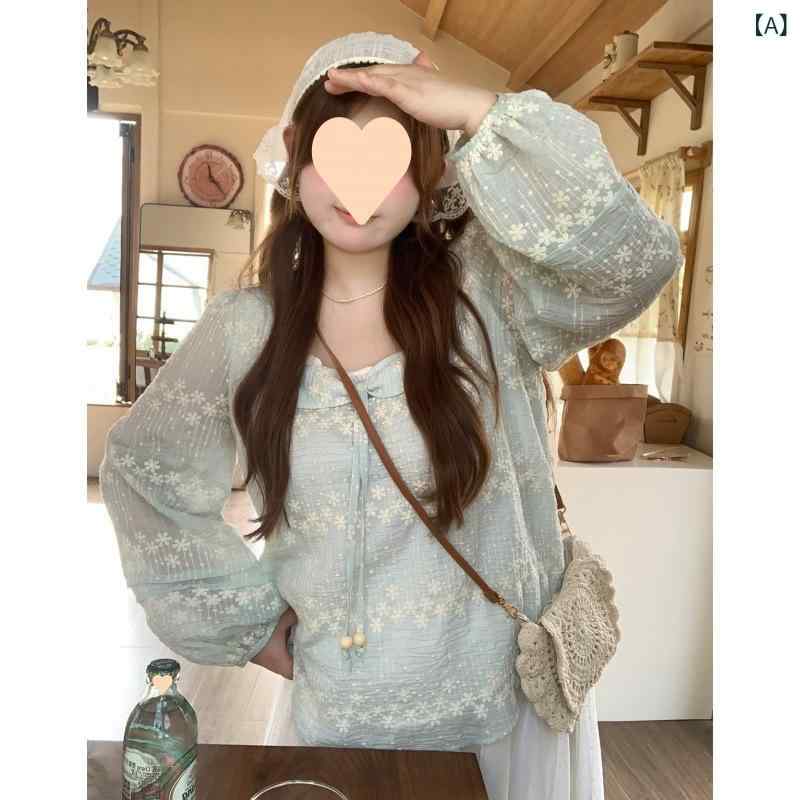 レディース 長袖 シャツ サテン ブラウス ゆったり ブルー フレンチスタイル 夏 甘め 高級感 大きめサイズ 光沢生地 普段使い 軽やか シルエット