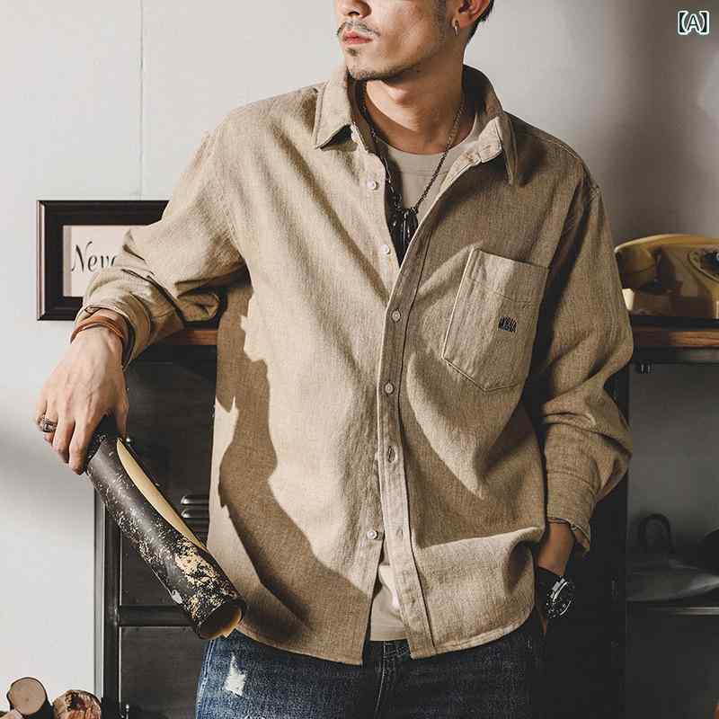 長袖シャツ メンズ 厚手 起毛 レトロ フィット アメリカンスタイル カジュアル ストリート ファッション 風 春秋 アウター 普段使い 軽量 伸縮性 綿素材 ビッグシルエット ブラック グレー系