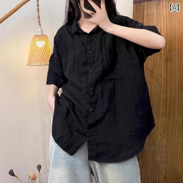 シャツ レディース 短袖 麻素材 砂洗い加工 カジュアル ボタン 襟付き 夏用 トップス 軽量 吸湿速乾 普段使い 爽やか シルエット