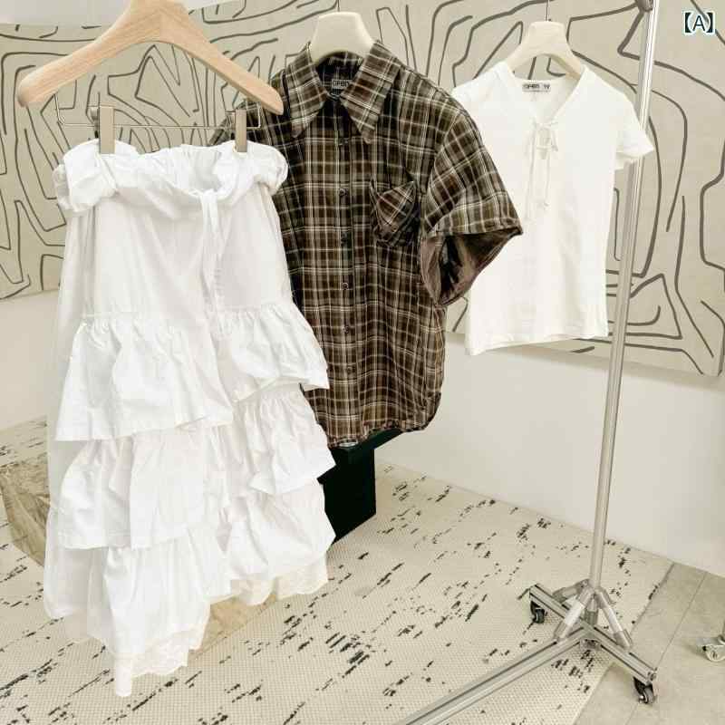 フレア スカート レディース 夏 短袖 チェック柄 シャツ セット ドローストリング ふんわり レイヤード 通気性 吸湿速乾 軽量 カジュアル 普段使い かわいい ユニーク