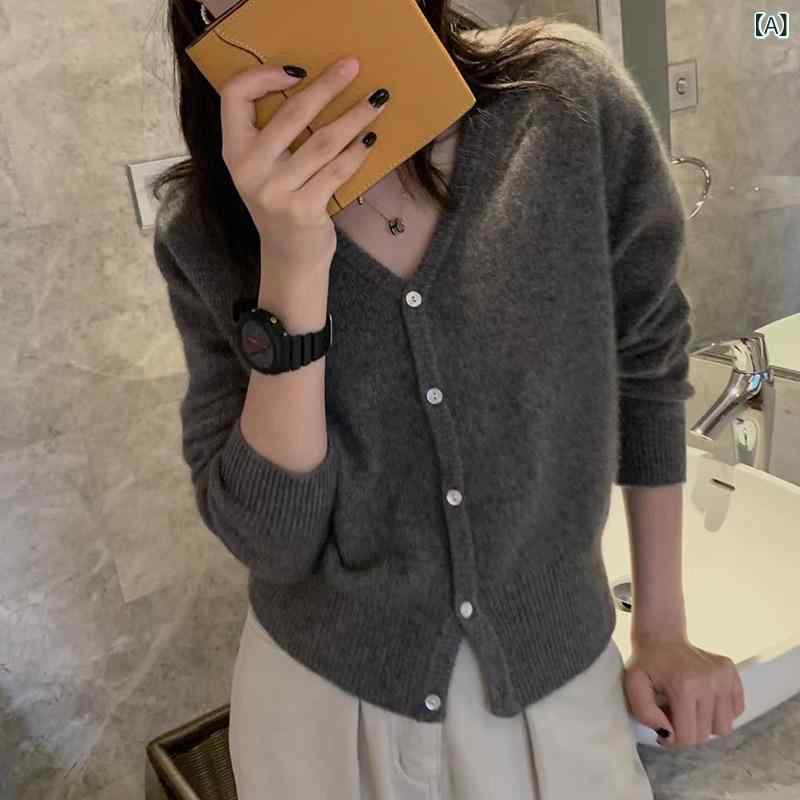 秋冬 レディース Vネック カーディガン ウール100% ゆったり 短丈 無地 ニットセーター シンプル アウター 暖か 柔らかい 日常使い