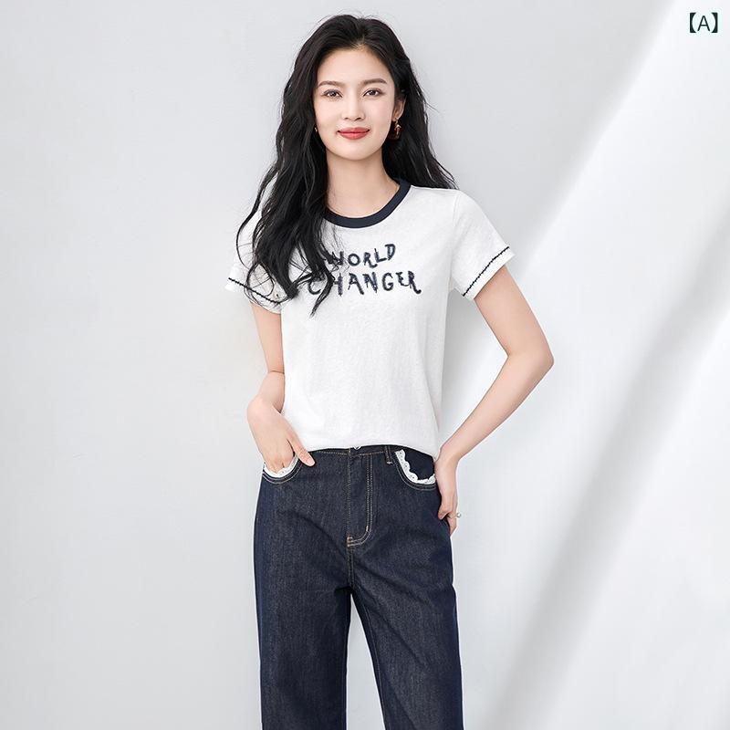 Tシャツ レディース 夏用 ツートンカラー クルーネック 半袖 ゆったり 洗練 カジュアル トップス 日常使い 軽量 吸湿速乾