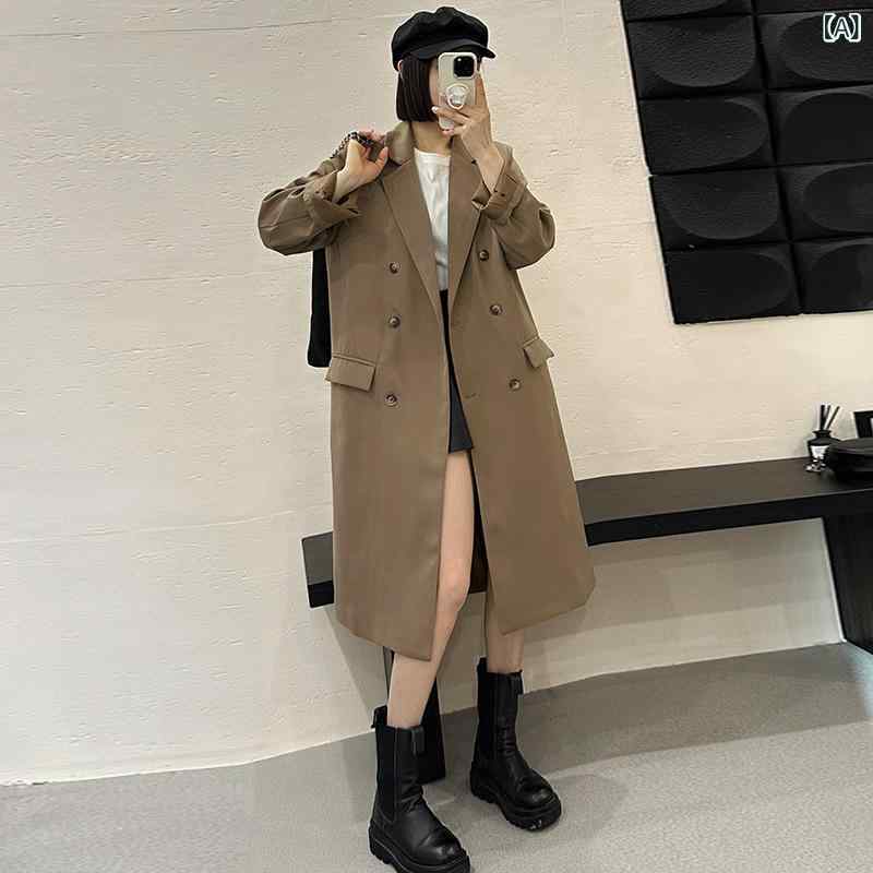 レディース ロング トレンチコート スーツ ゆったり シルエット 高級感 上品 春秋 膝下 韓国スタイル 軽量 アウター 通勤用 普段使い ブラック グレー系
