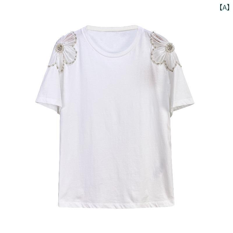 Tシャツ レディース 夏用 ゆったり カジュアル 日常使い ラウンドネック 肩花刺繍 ラインストーン 無地 プルオーバー トップス コットン 混 軽量 吸湿速乾 ビッグシルエット