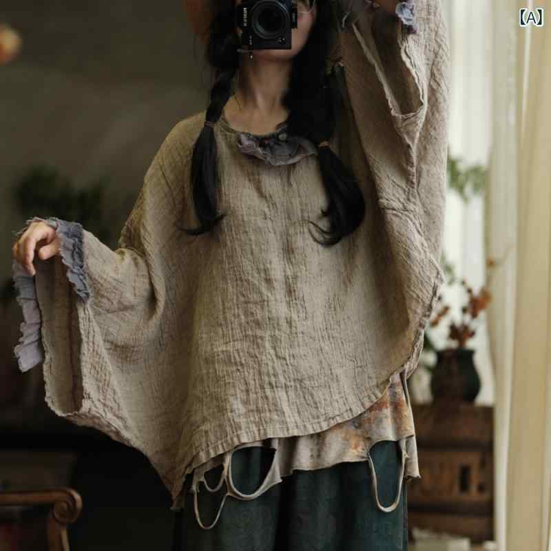 レディース シャツ ゆったり プルオーバー レトロ アーティスティック Tシャツ ベージュ カジュアル 日常使い コットン 混 軽量 トップス|サポートシェアグローバル