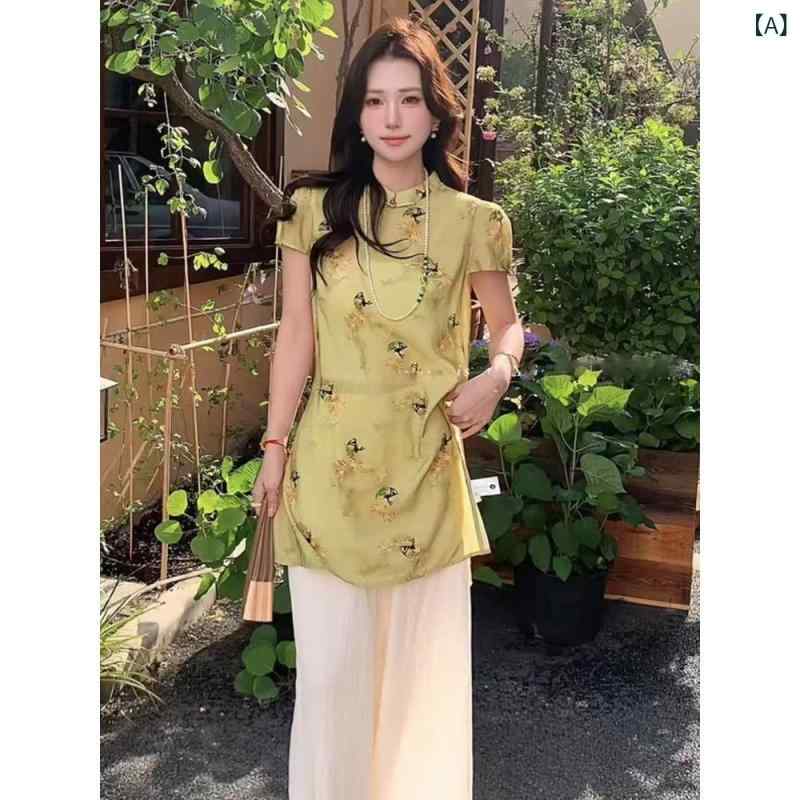 レディース チャイナドレス風 ノースリーブ トップス 花柄プリント 夏用 ゆったりシルエット 高級感 上品 中国風 ブラウス シャツ 軽やか素材 スタイル
