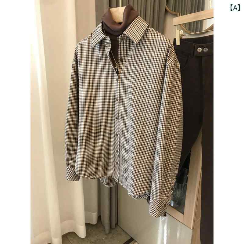 シャツ レディース レトロ チェック柄 フレンチスタイル カジュアル インナー 厚手 暖か 普段使い 秋冬