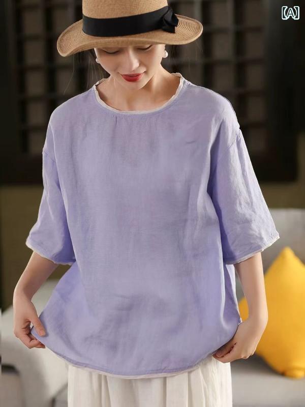 レディース 夏 ゆったり Tシャツ 麻 素材 丸首 中袖 色柄 切り替え カジュアル トップス 軽量 通気性 吸湿速乾 普段使い