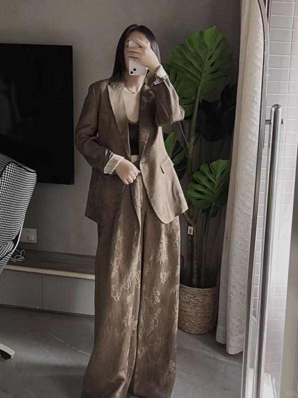 ワイドレッグパンツ 春夏 中国 茶褐色 羊毛 控えめ織り柄 ロング丈 カジュアル 普段使い ファッション 万能 ボトムス 暖かみ ゆったりシルエット|サポートシェアグローバル
