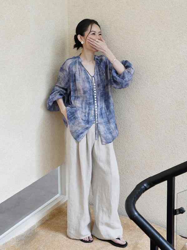 レディース ラミー ブラウス ワイドパンツ セット UVカット 水墨柄 高級感 春夏 軽量 吸湿速乾 通勤用 普段使い 麻素材 防紫外線