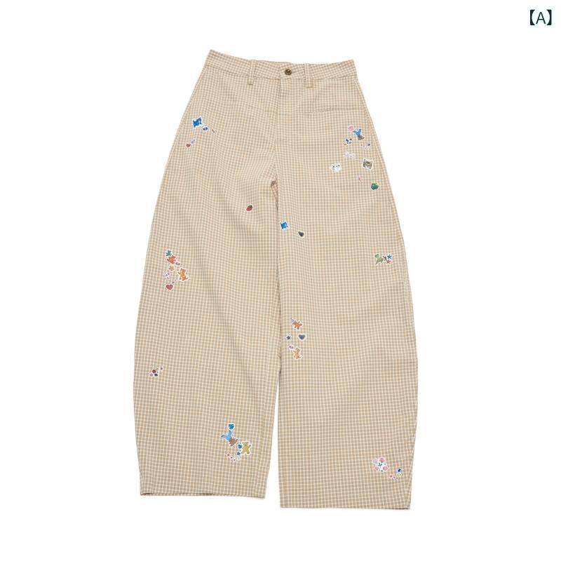 ロングパンツ 綿混紡 かわいい ステッカー風プリント チェック柄 ゆったり 中低腰 カジュアル 普段使い 軽量 通勤対応 ストレッチ素材 ビッグシルエット ブラック系 グレー系｜サポートシェアグローバル 14,661円