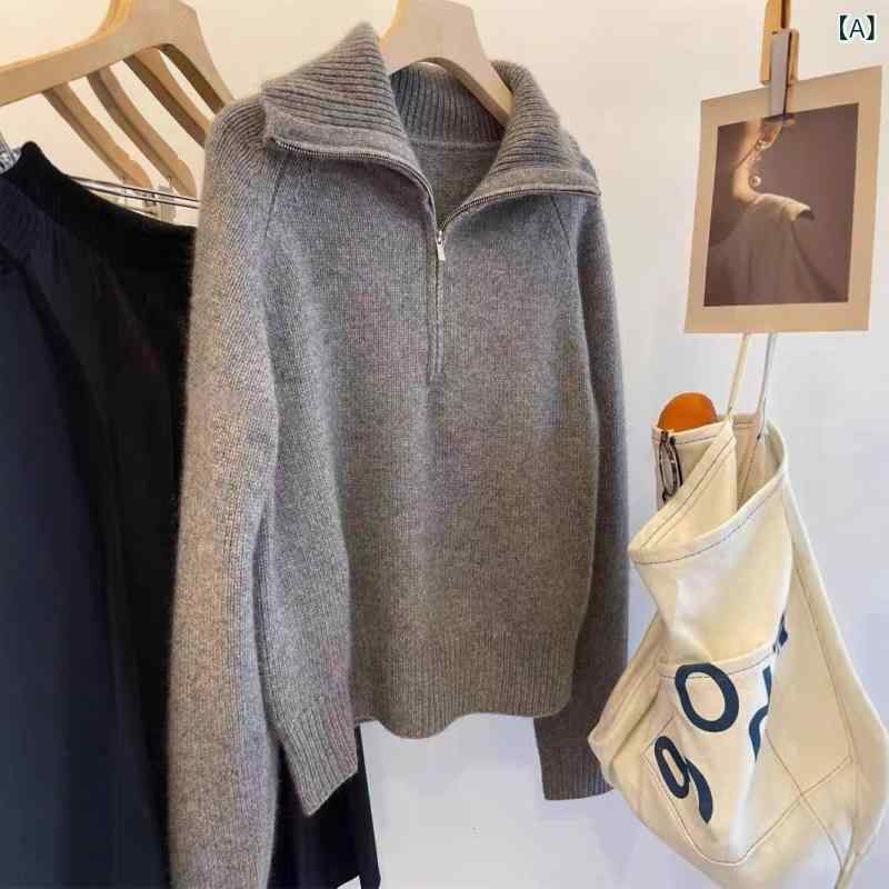 秋冬 ニットセーター レディース グレー ハーフジップ 厚手 ビッグサイズ 高級感 フレンチレトロ ゆったり スタンドカラー 柔らかウール 暖か素材