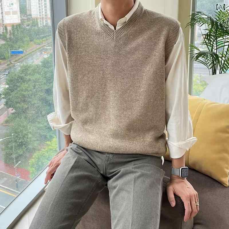 メンズ 春秋 無袖ニット ゆったり ベスト Vネック インナー トップス セーター カジュアル フィット