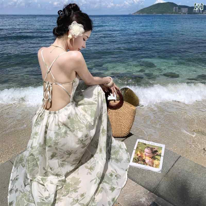レディース 花柄 吊り紐 ワンピース フレンチスタイル セクシー 背中見せ ロングドレス ビーチ リゾート 夏用 軽量 伸縮性 吸湿速乾
