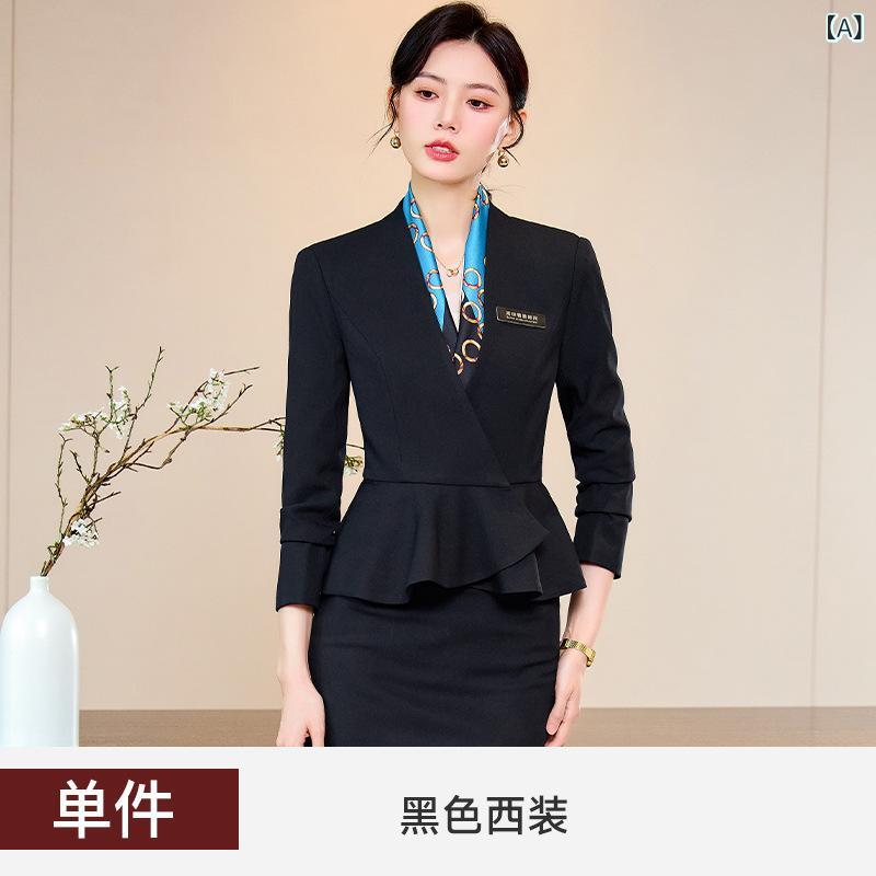 レディース ジャケット 秋 スーツ 高級感 ビジネス ホテル前台 営業 正装 ウール混 ロング丈 テーラード ブラック ベージュ グレー 通勤用 フォーマル