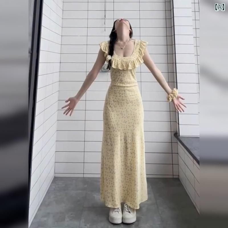 ワンピース レディース フレンチスタイル 小花柄 夏用 イエロー パフスリーブ ウエストシェイプ エレガント ストラップ ロングドレス 軽量 吸湿速乾 女性らしいシルエット
