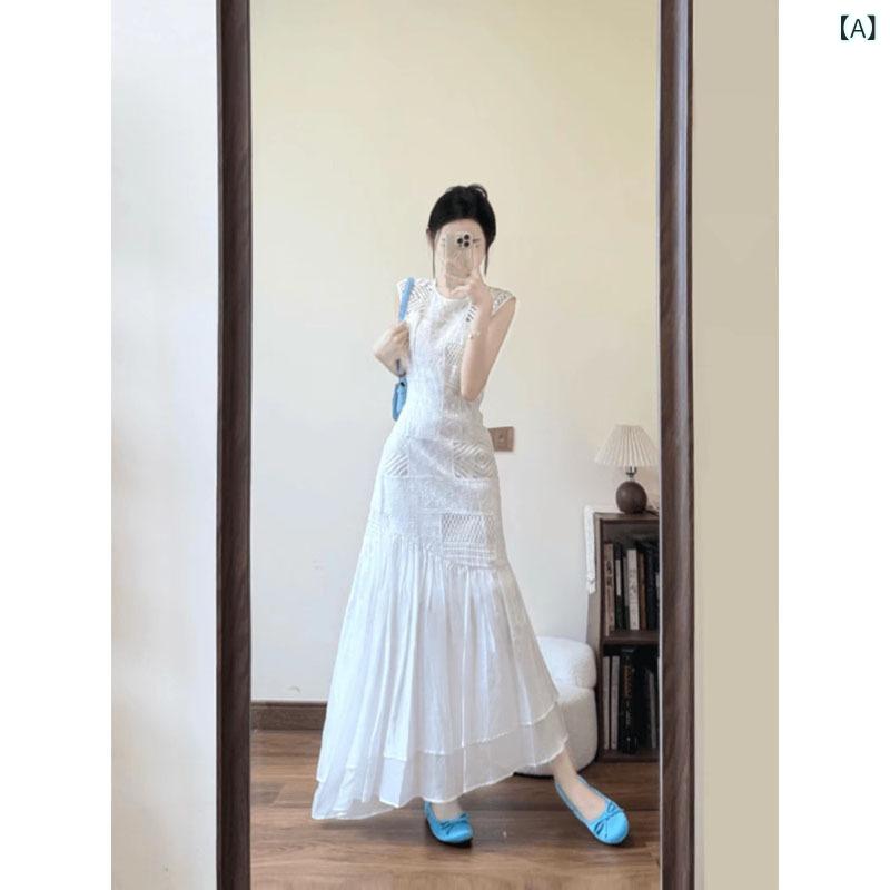 ワンピース レディース 白 レース 透け 夏 リゾート ロング 収腰 小柄 エレガント 軽やか スタイル 女性用 通勤 普段使い ビーチ