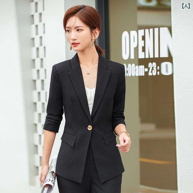 レディース 長袖 ジャケット 職業 通勤用 スリムフィット スタイリッシュ 上品 スーツスタイル 女性用 仕事着 ブラウスセット