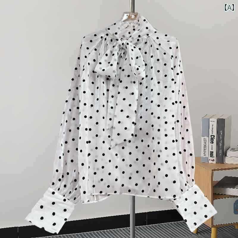 ブラウス レディース 春 シルク ポルカドット柄 フリル スタンドカラー 長袖 上品 トップス 軽やか 女性らしい 普段使い