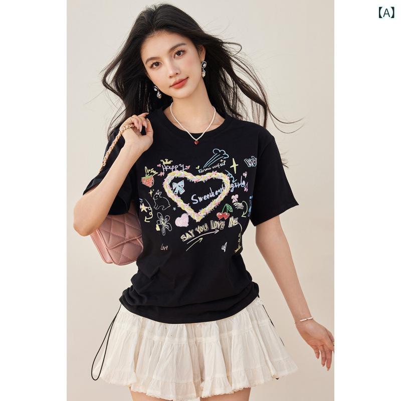 夏 レディース Tシャツ ゆったり トップス アメリカン レトロ ドローストリング クルーネック 立体 ハート プリント 短袖 カジュアル フィット ラウンドネック 日常使い